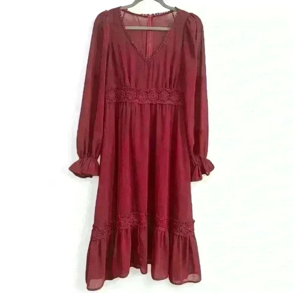 Red Wine Eyelet Midi Dress, Sheer Long Sleeves, Size 4/S - Picture 3 of 6